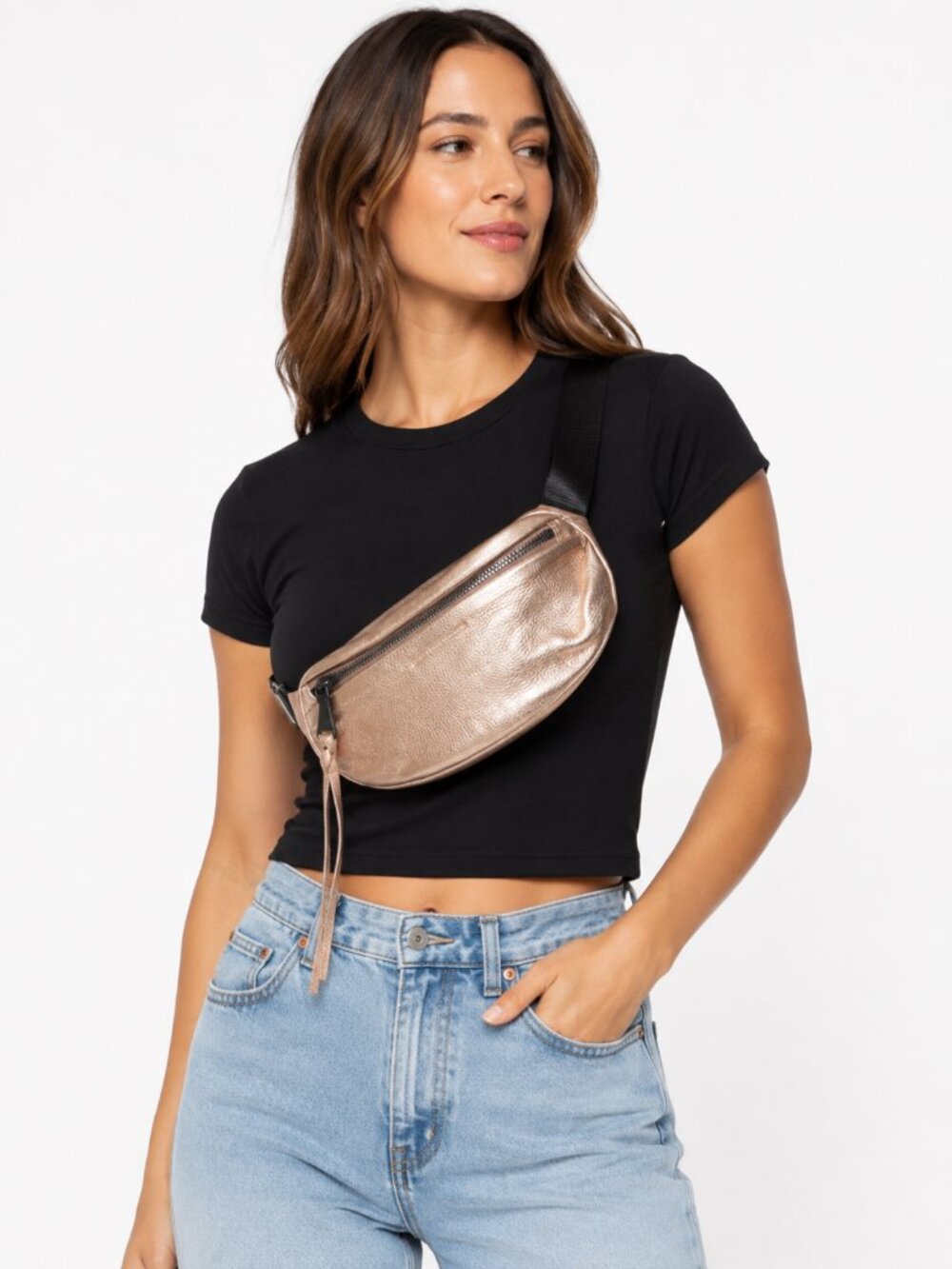 Aimee Kestenberg Milan Leather Fanny Pack / Belt Bag - Metallic Rose Gold